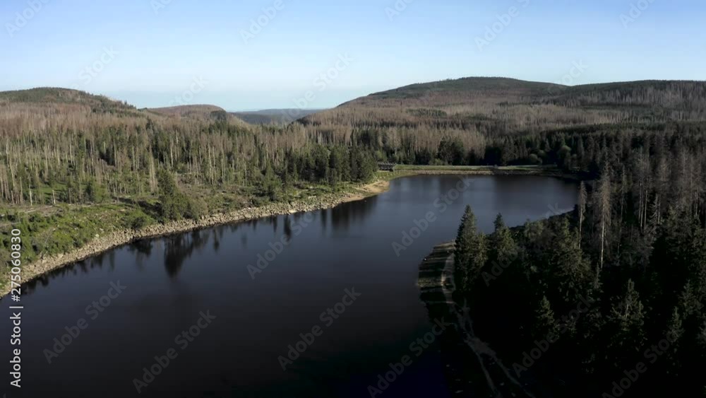 Drone Aerial of a dam artificial lake in the Harz national Park, Germany Drone Aerial of a dam artificial lake in the Harz national Park, Germany