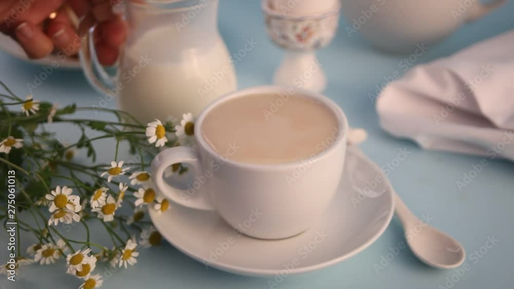 Woman's hand pouring from glass jug into a cup of tea or coffee fresh milk. Breakfast concept. Woman's hand pouring from glass jug into a cup of tea or coffee fresh milk. Breakfast concept.