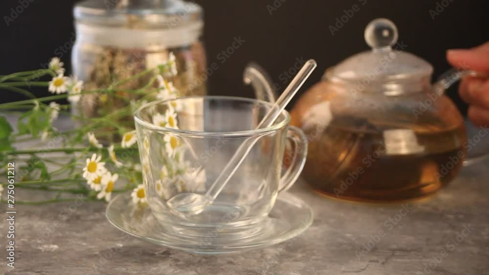 Woman's hand pouring into a glass cup herbal medical flowers camomile tea. Naturopathy. Matricaria chamomilla. Woman's hand pouring into a glass cup herbal medical flowers camomile tea. Naturopathy. Matricaria chamomilla.