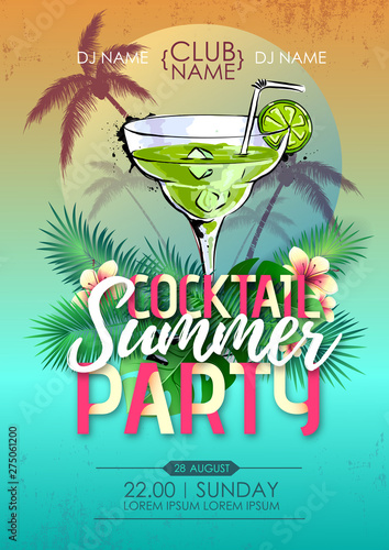 Summer beach party disco poster with cocktail and tropic leaves