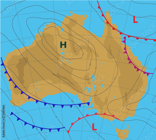 Weather forecast map of Australia. Meteorological plan of the country. Realistic synoptic chart with aditable generic map showing isobars and weather fronts. Topography and physical map.