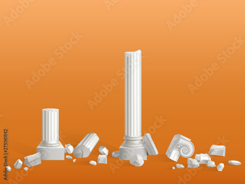 Antique columns of white marble stone broken on pieces, ancient Greek city or Roman empire temple, palace ruins fragments isolated 3d realistic vector illustration. Touristic attraction design element