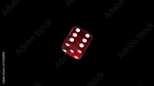 Zoom on red transparent plastic playing dice; rotating on black background.