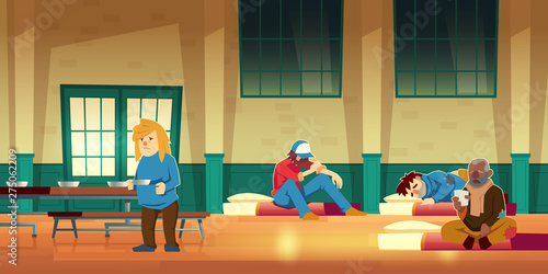 Emergency housing, night shelter or temporary residence for homeless people cartoon vector concept with poor men and woman lying on mattress on floor, eating and drinking warm food illustration