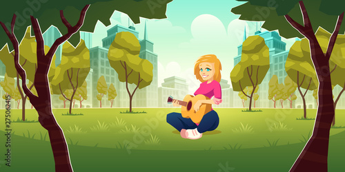 Recreation and enjoying music hobby in modern metropolis cartoon vector concept. Happy smiling young, blonde woman, sitting on lawn grass, resting, playing on acoustic guitar in city park illustration