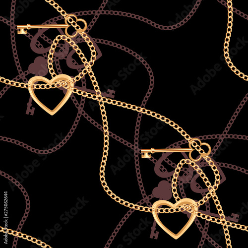 Seamless pattern with gold chain with heart and key pendant. Trendy vektor illustration.