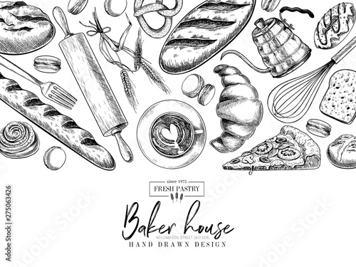 Bakery set. Hand drawn bread, loaf, croissant, pretzel, macaron, pie, baguette. Wheatl flour pastry. Vector engraved banner. For restaurant and cafe menu, baker shop pasty sweets Design template.