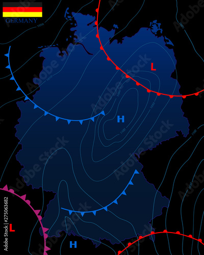 Weather map of the Germany. Meteorological forecast on a dark background. Editable vector illustration of a generic weather map showing isobars and weather fronts.