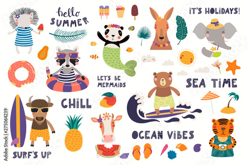 Big summer set with cute animals, quotes, fruits, drinks, pool floats. Isolated objects on white background. Hand drawn vector illustration. Scandinavian style flat design. Concept for children print.