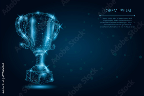 Abstract polygonal Trophy cup. Low poly wireframe vector illustration. Champions award for sport victory. First place, success in competition, celebration ceremony symbol.