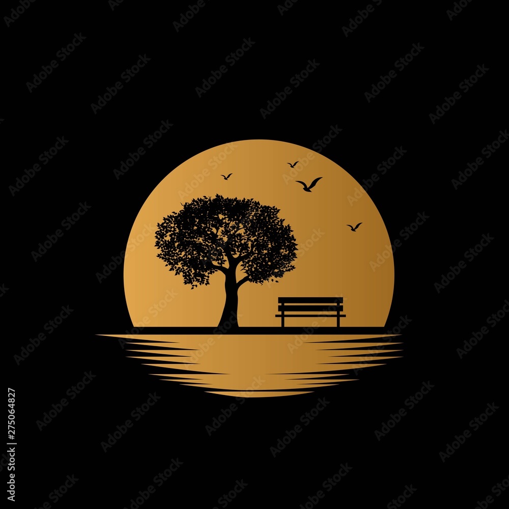 Tree and bench with moon as background illustration logo design