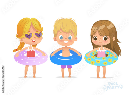 Pool Party Time on Swimming Vacation. Funny Girl in Sunglasses. Swim Exercise Festival. Tropical Summer Vacation. Beautiful Isolated Beach. Flat Cartoon Vector Illustration