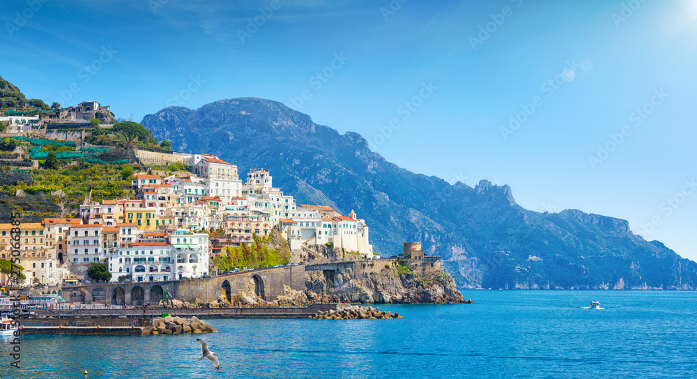 Beautiful seaside city Amalfi in province of Salerno, in region of Campania, Italy