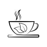 Cup icon. Line logo template. Cup with leaf. Hot drink sign. Beverage symbol. Design elements. Vector illustration.