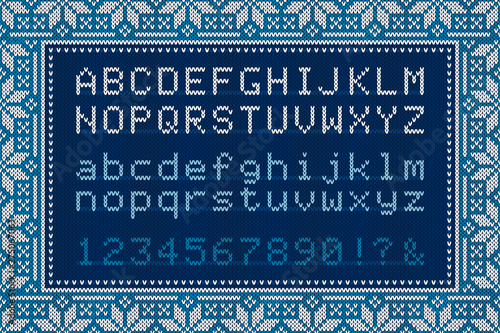 Christmas Knitted Font. Latin Alphabet Letters and Numbers on Knit Background
