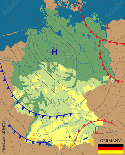 Weather map of the Germany. Topography map of the Germany. Meteorological forecast. Editable vector illustration of a generic weather map showing isobars and weather fronts.Topography and physical map