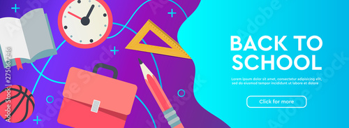 Back to school sale banner, horizontal poster, flat design colorful, vector illustration