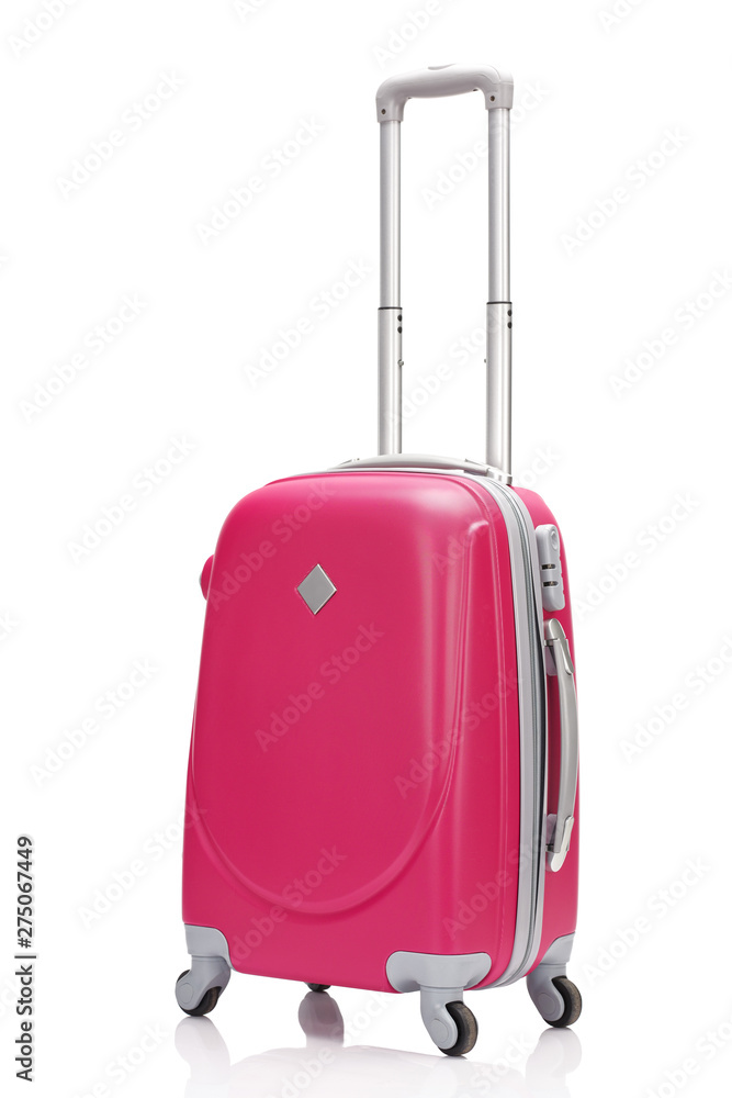red plastic wheeled suitcase with handle isolated on white red plastic wheeled suitcase with handle isolated on white