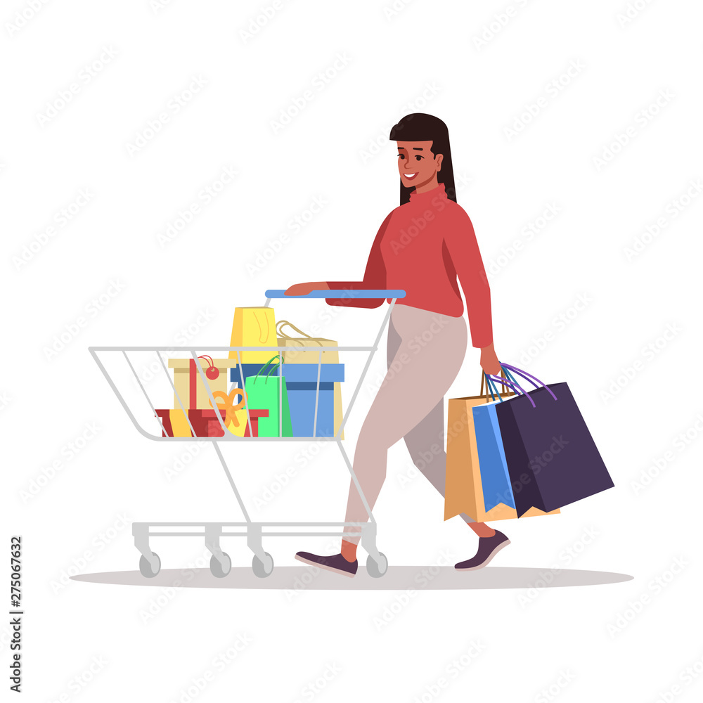Woman with trolley flat vector illustration. Happy female at shopping isolated cartoon character on white background. Holiday preparing, gift boxes, paper bags. Fashion shop, grocery store Woman with trolley flat vector illustration. Happy female at shopping isolated cartoon character on white background. Holiday preparing, gift boxes, paper bags. Fashion shop, grocery store
