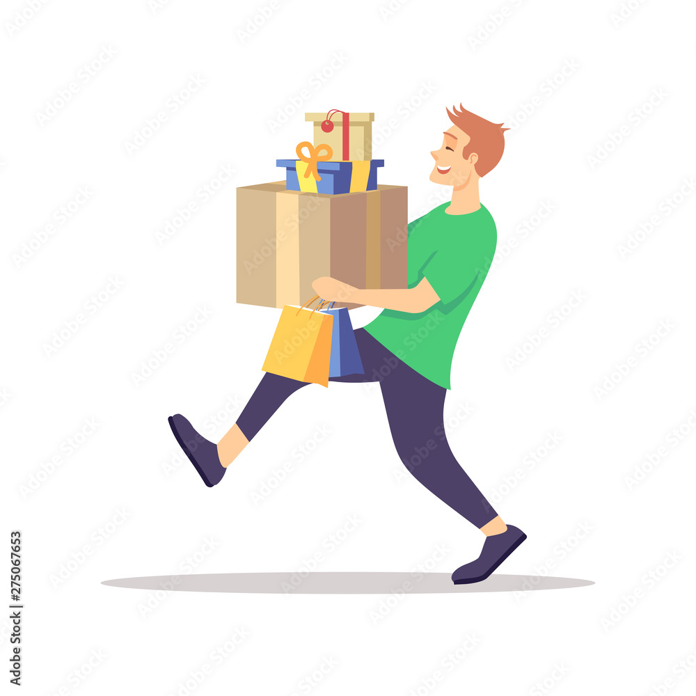 Guy carrying presents flat vector illustration. Male teenager with gift boxes isolated cartoon character on white background. Holiday season shopping, preparing. Celebration, party, greeting Guy carrying presents flat vector illustration. Male teenager with gift boxes isolated cartoon character on white background. Holiday season shopping, preparing. Celebration, party, greeting