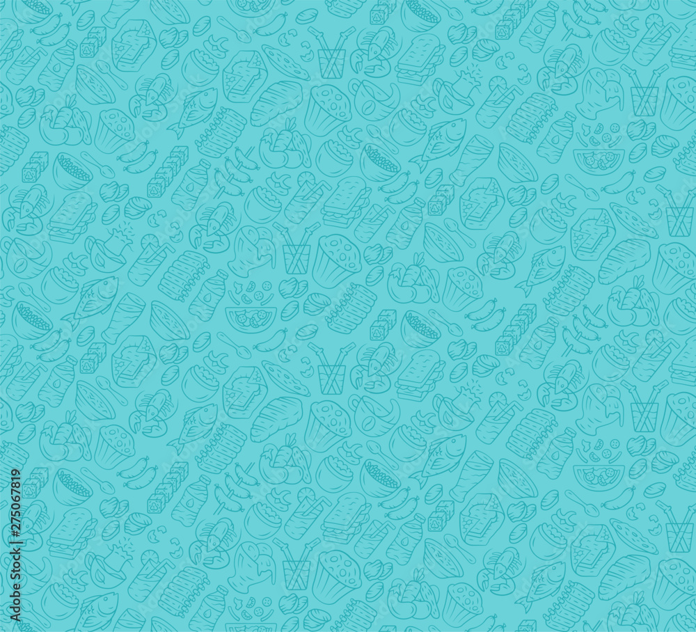 Food Vector Seamless Pattern Cuisine Fast Food Wallpaper With Gastronomy Icons Turquoise Tiffany Blue Color Texture Decorative Textile Wrapping Paper Design Bright Background For Menu Receipts Stock ベクター Adobe Stock