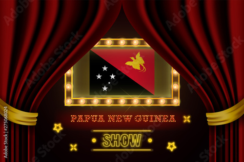 Show time board for performance, cinema, entertainment, roulette, poker of Papua New Guinea country event. Shining light bulbs vintage of Papua New Guinea country name