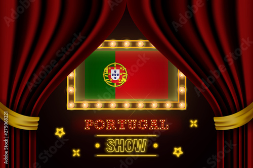 Show time board for performance, cinema, entertainment, roulette, poker of Portugal country event. Shining light bulbs vintage of Portugal country name photo