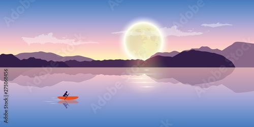 lonely canoeing adventure with orange boat at night with full moon romantic landscape vector illustration EPS10