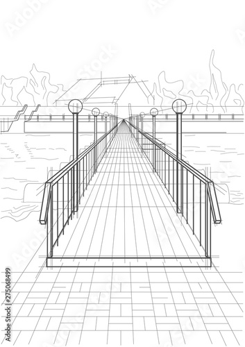 Linear architectural sketch bridge across a river