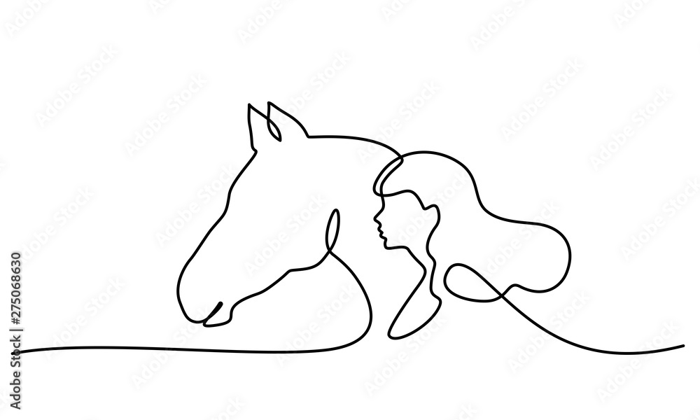Naklejka Jeden rysunek linii. Logo głowy konia i kobiety