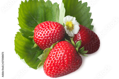 Beautiful and delicate strawberry with flower and green leaves closeup. Macro image of fresh strawberry with white flower on white background