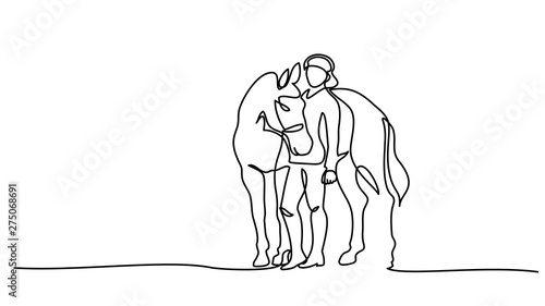 One line drawing. Woman stays with horse