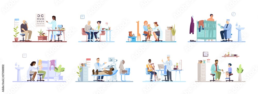 Visiting clinic flat vector illustrations set. Doctors, patients isolated cartoon characters on white background. Medical exam. Ophthalmologist, cardiologist, dermatologist, surgeon, pediatrician Visiting clinic flat vector illustrations set. Doctors, patients isolated cartoon characters on white background. Medical exam. Ophthalmologist, cardiologist, dermatologist, surgeon, pediatrician