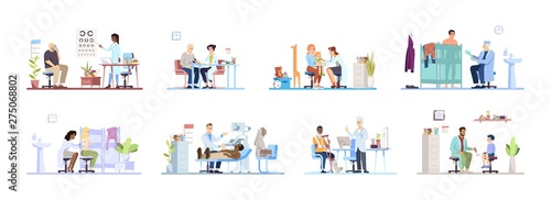 Visiting clinic flat vector illustrations set. Doctors, patients isolated cartoon characters on white background. Medical exam. Ophthalmologist, cardiologist, dermatologist, surgeon, pediatrician