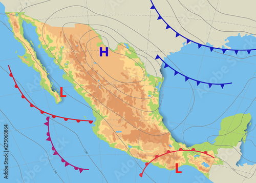 Physical and topography map of Mexico. Realistic weather map of the country showing isobars and weather fronts. Meteorological forecast. Vector illustration. EPS 10.