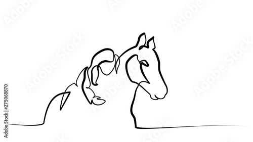 One line drawing. Girl lying a horse