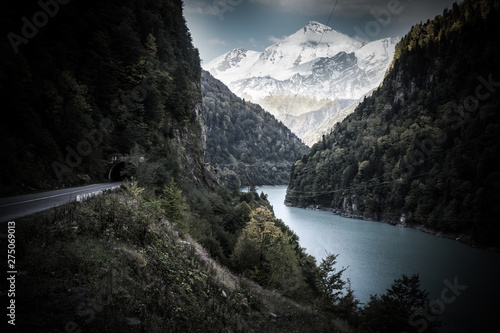 Amazing autumn mountain landscape in Svaneti. Georgia. Toned