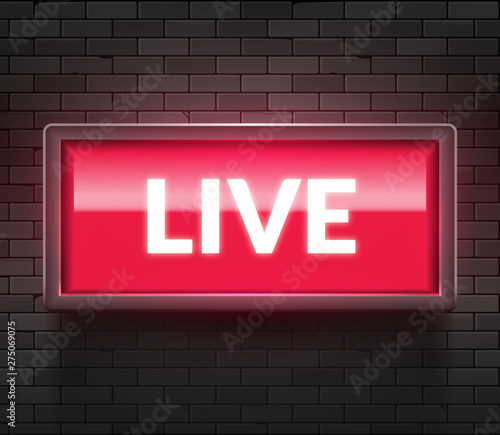 Live light broadcast sign. Tv radio studio live red box on air show icon