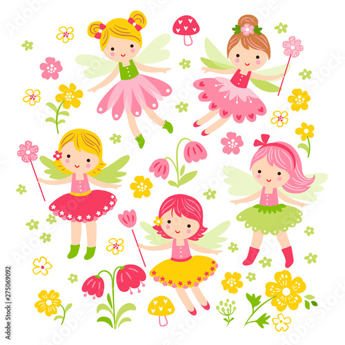 Vector seamless illustration with fairies and flowers.