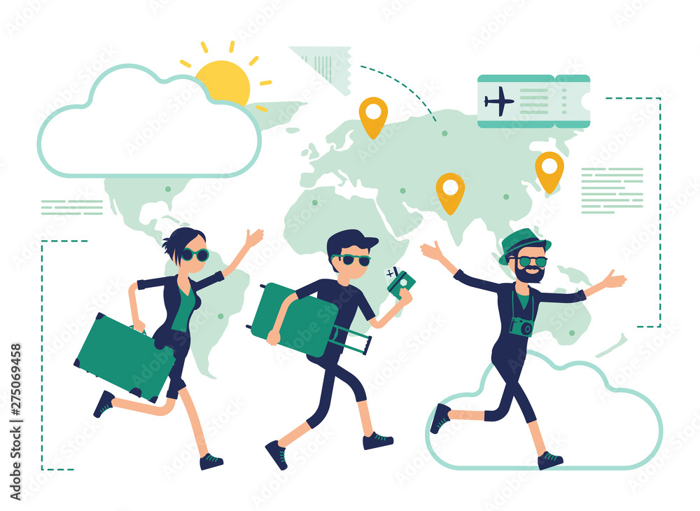 Travelling people take a trip. Group of tourists with luggage in a hurry to plane for air travel, running aircraft passengers. Vector abstract illustration with faceless character, map background