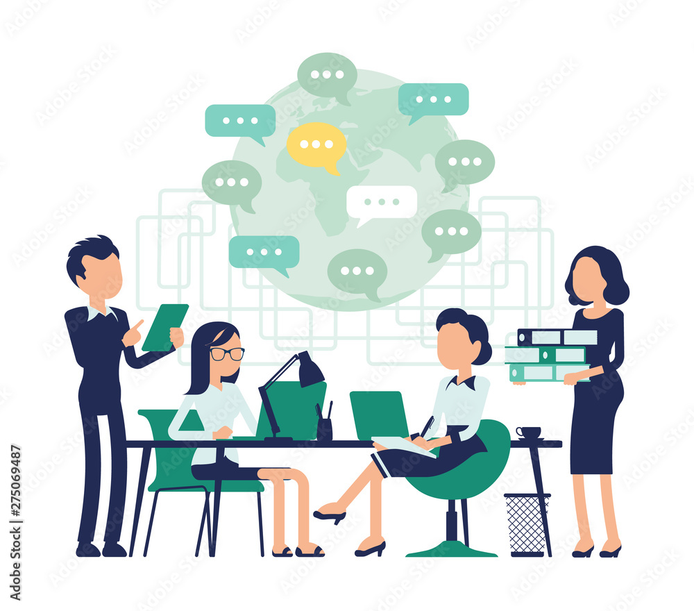 Meeting for business people. Male, female office managers together at table discuss cooperate project, colleagues at teamwork exchange new ideas. Vector abstract illustration with faceless character