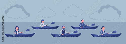 Business regatta on kayaks. Businessmen, businesswomen rowing on boat contest race establishing superiority, competition for money, financial market rivalry. Vector illustration, faceless characters