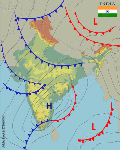India. Realistic synoptic map of the India showing isobars and weather fronts. Meteorological forecast. Topography and physical map of country with national flag. Vector illustration. EPS 10