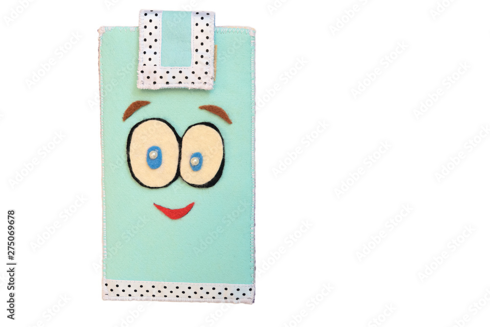 Handmade phone case made of felt. Fictional character - face with big eyes and smile. Handmade phone case made of felt. Fictional character - face with big eyes and smile.