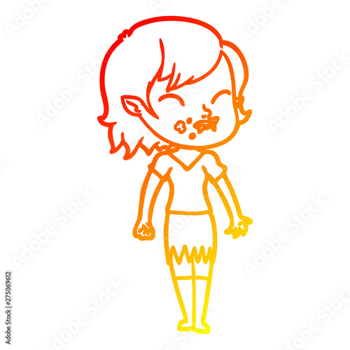 warm gradient line drawing cartoon vampire girl with blood on cheek