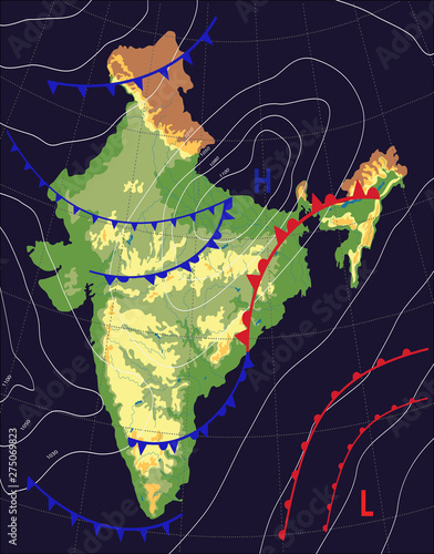India. Realistic synoptic map of the India showing isobars and weather fronts. Meteorological forecast on a dark background. Editable vector illustration of a generic weather map. EPS 10