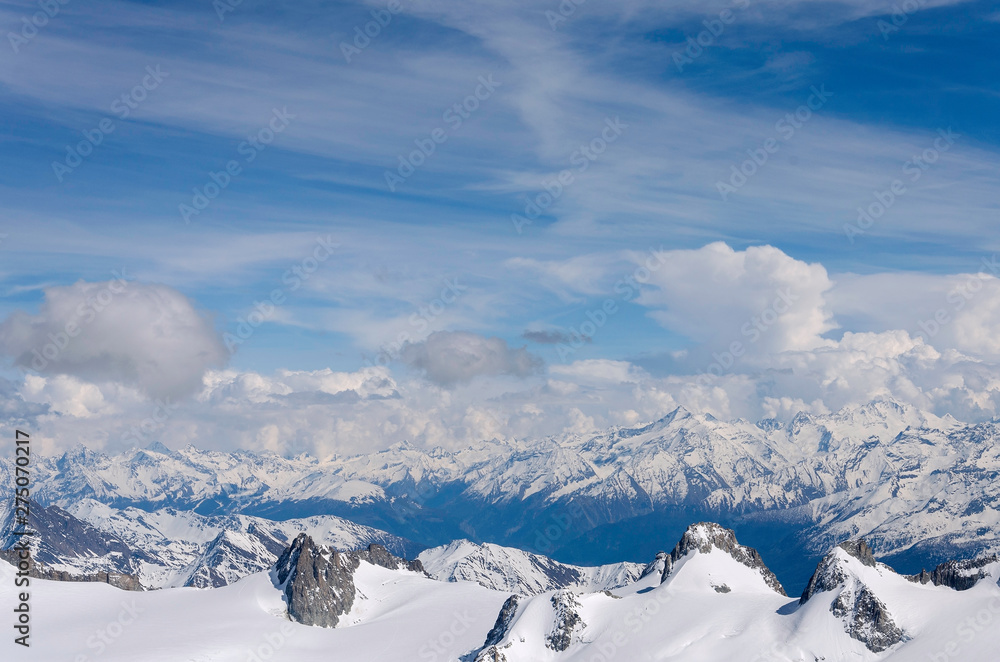 Air view. Beautiful dramatic cloudy sky , mountains and snow peaks. Mont Blanc. Chamonix. France