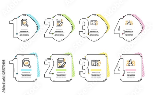 Check article, Engineering documentation and Copywriting icons simple set. Teamwork sign. Magnifying glass, Manual, Ð¡opyright signature. Group of users. Business set. Infographic timeline. Vector