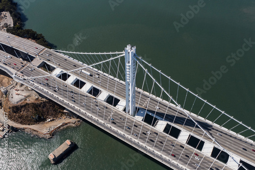 Aerial down view of traffic onthe San Francisco and Oakland Bay Bridge in California. 