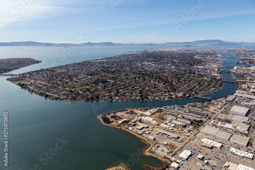 Aerial of Alameda Insalnd and San Francisco Bay near Oakland, California.